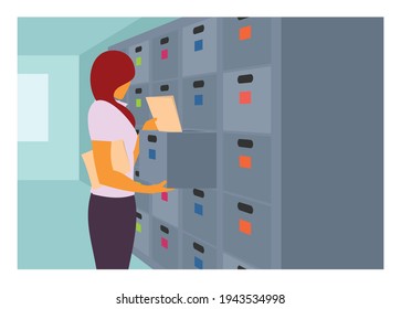 Female file clerk. Simple flat illustration.