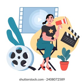 Female film director concept. Woman sitting with loudspeaker. Film industry, cinema production. Movies and series recording. Cartoon flat vector illustration isolated on white background