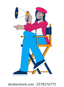 Female film director on chair with megaphone cartoon flat illustration. Movie industry. Filmmaker indian woman directing pose 2D character isolated on white background. Vector colorful image