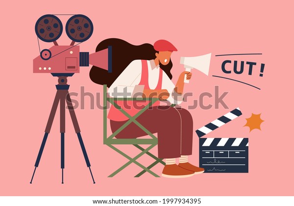 Female film director at work. Flat style\
illustration of a woman director using megaphone and shouting cut\
while recording filmin the movie making\
process