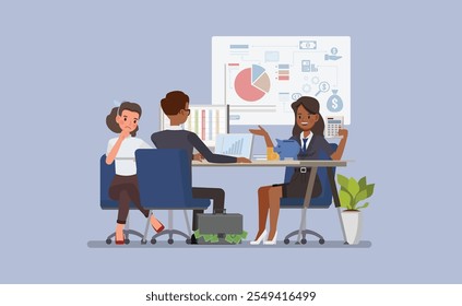 Female financial advisor and a client reviewing financial statements and investment options character vector illustration design.