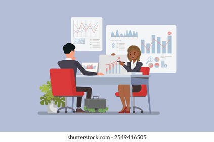 Female financial advisor and a client reviewing financial statements and investment options character vector illustration design.