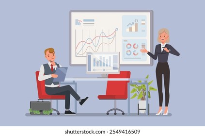 Female financial advisor and a client reviewing financial statements and investment options character vector illustration design.