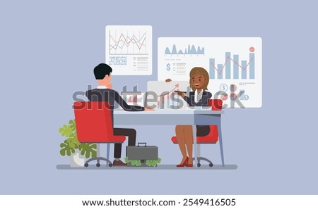 Female financial advisor and a client reviewing financial statements and investment options character vector illustration design.