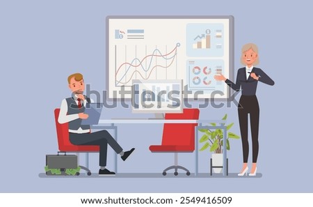 Female financial advisor and a client reviewing financial statements and investment options character vector illustration design.