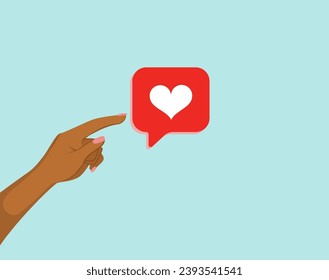 Female finger touching like button vector illustration. Woman hand reaching and pointing heart symbol