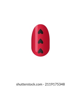 Female fingernail with salon nail art design, realistic vector illustration isolated on white background. Fancy manicure with hearts prints on red nail enamel.