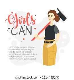 Female firefighter with ax. girls can. Vector flat cartoon illustration