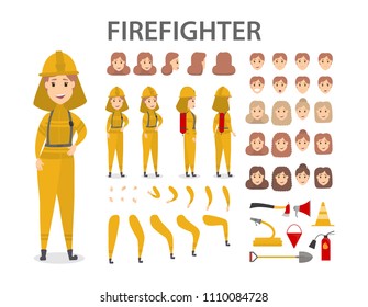 Female firefighter character set. Poses and emotions.