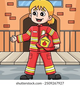 Female Firefighter Colored Cartoon Illustration