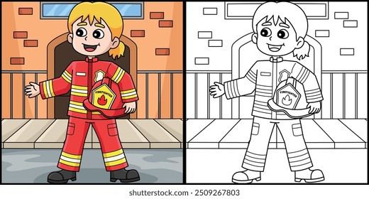 Female Firefighter Coloring Page Illustration