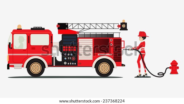 Female firefighter with a\
fire truck.