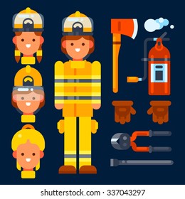 Female firefighter her stuff: fire axe, fire extinguisher, gloves,wirecutter, crowbar. Vector flat illustration. Isolated objects.