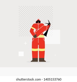 Female Firefighter, Rescuer Vector Illustration. African American Lady Holding Extinguisher Cartoon Character. Firefighting Department, Emergency Service Worker in Uniform. Strong Woman