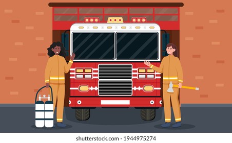 Female firefighter stand near fire engine in garage in uniform and red car. Multiracial team. Flat abstract metaphor cartoon vector illustration concept design.