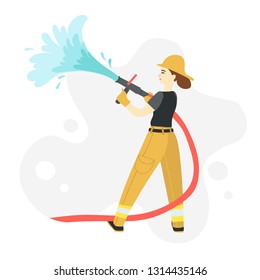 Female firefighter standing holding hose throwing water working. Vector flat cartoon illustration