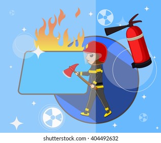 Female Firefighter with Tools and Banner Vector Illustration