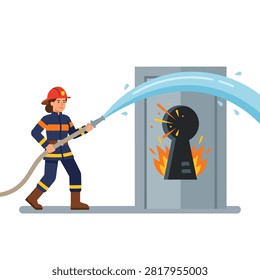 Female firefighter using a water hose to extinguish a fire emerging from a large keyhole on a grey panel.