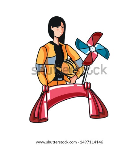 female firefighter worker with wind toy labor day celebration
