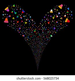 Female fireworks stream. Vector illustration style is flat bright multicolored iconic symbols on a black background. Object double fountain made from random icons.
