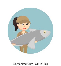 female fisherman holding big fish in circle background