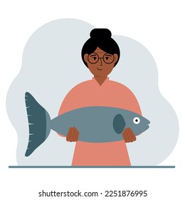 A female fisherman holds a large fish, proud of good fishing or hunting. Hobby, fishing concept. Vector flat illustration