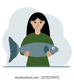 A female fisherman holds a large fish, proud of good fishing or hunting. Hobby, fishing concept. Vector flat illustration