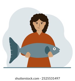 Una pescadora sostiene un Grande pez, orgullosa de pescar o cazar bien. Hobby, concepto de pesca. Ilustración plana de Vector