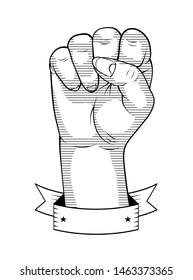 Female fist linear drawing. Banner Ribbon. Retro style. 
