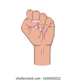 Female fist raised up. Girl's hand in fist gesture isolated on white background. Hand-drawn illustration. Vector.