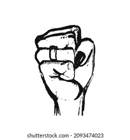 Female fist with a ring on the finger. A hand drawn black on white hand is ready to strike. Vector illustration of a female fist for rights, fight isolated.