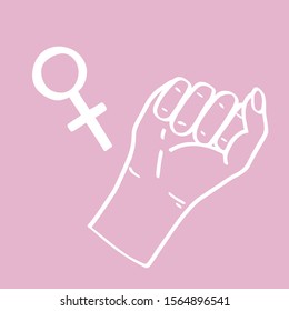 Female fist and sign of feminists, hand-drawn poster. Vector illustration for hand drawn clothes, packaging, paper, textile. Pink background.