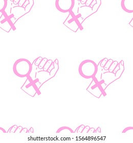 Female fist and sign of feminists, hand-drawn poster. Design for hand-drawn clothes, cards, business cards, paper, textile. White seamless background. Vector illustration