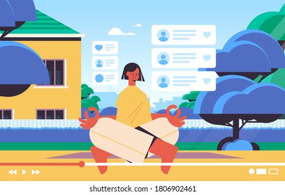 female fitness blogger recording online video blog live streaming blogging vlog popularity concept woman vlogger sitting lotus pose in backyard horizontal full length vector illustration