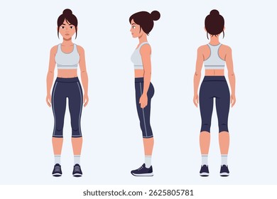 Female fitness character design in athletic wear showcasing three angles