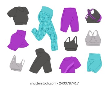 Female fitness clothing vector set. Woman's sports clothes flat design. Isolated illustrations on a white background. Ideal for design sports content, stickers and print.