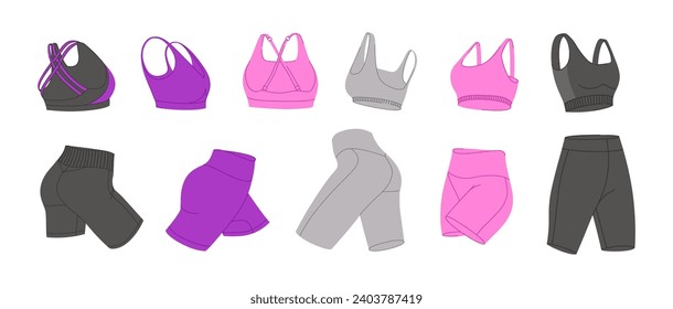 Female fitness clothing vector set. Bras and cycling shorts. Woman's sports clothes flat design. Isolated illustrations on a white background. Ideal for design sports content, stickers and print.