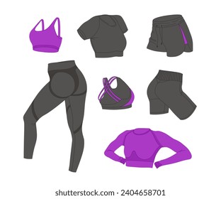 Female fitness clothing vector set. Woman's sports clothes flat design. Isolated illustrations on a white background. Ideal for design sports content, stickers and print.