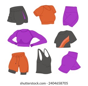 Juego de vectores de ropa de fitness para mujeres. Diseño plano de ropa deportiva de mujer. Ilustraciones aisladas sobre un fondo blanco. Ideal para el diseño de contenidos deportivos, pegatinas e impresos.