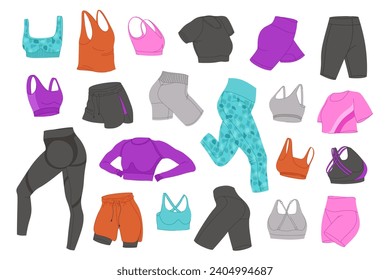 Female fitness clothing vector set. Woman's sports clothes flat design. Isolated illustrations on a white background. Ideal for design sports content, stickers and print.