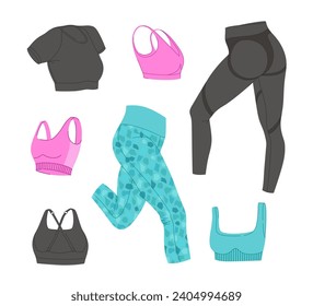 Juego de vectores de ropa de fitness para mujeres. Diseño plano de ropa deportiva de mujer. Ilustraciones aisladas sobre un fondo blanco. Ideal para el diseño de contenidos deportivos, pegatinas e impresos.