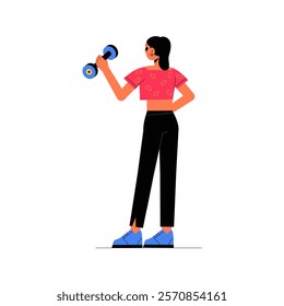 Female Fitness Enthusiast Holding Dumbbell In Flat Vector Illustration Symbolizing Strength, Exercise, And Active Lifestyle, Isolated On White Background