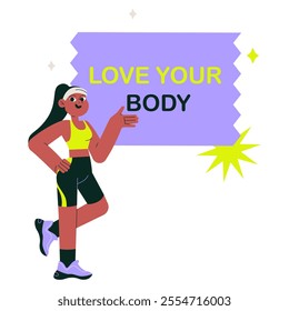 Female Fitness Enthusiast Pointing At Motivational Sign In Flat Vector Illustration Symbolizing Healthy Lifestyle, Fitness, And Body Positivity, Isolated On White Background