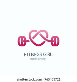 Female fitness gym concept. Vector logo, label, icon or emblem with pink barbell heart shape. Design for woman sports club, workout and bodybuilding.