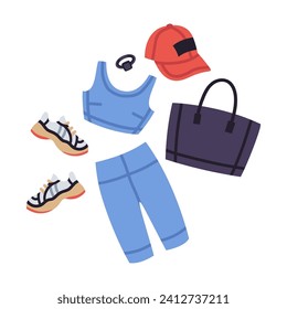 Female fitness outfit. Trendy casual sport look, bra, bicycle shorts, sneakers and baseball hat flat vector illustration. Fitness or yoga wardrobe garments