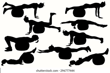  Female fitness silhouettes with fitness ball. Training on the ball in different poses.