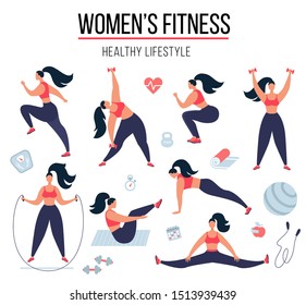 Female fitness. Woman doing fitness exercises, girl gym workout and yoga practices. Vector illustration.