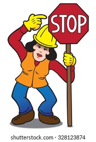 Female flagger pointing at stop sign she is holding