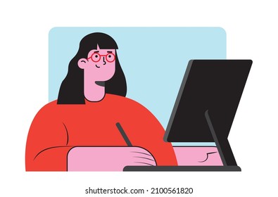 Carácter plano femenino de un diseñador gráfico en el lugar de trabajo. Mujer independiente sentada en el escritorio creando diseño. Artista dibujando en la computadora. Ilustración del vector