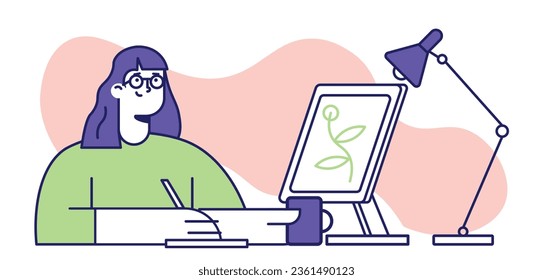 Female flat character of a graphic designer at workplace. Freelancer woman sitting at the desk creating design. Artist drawing on computer. Vector illustration